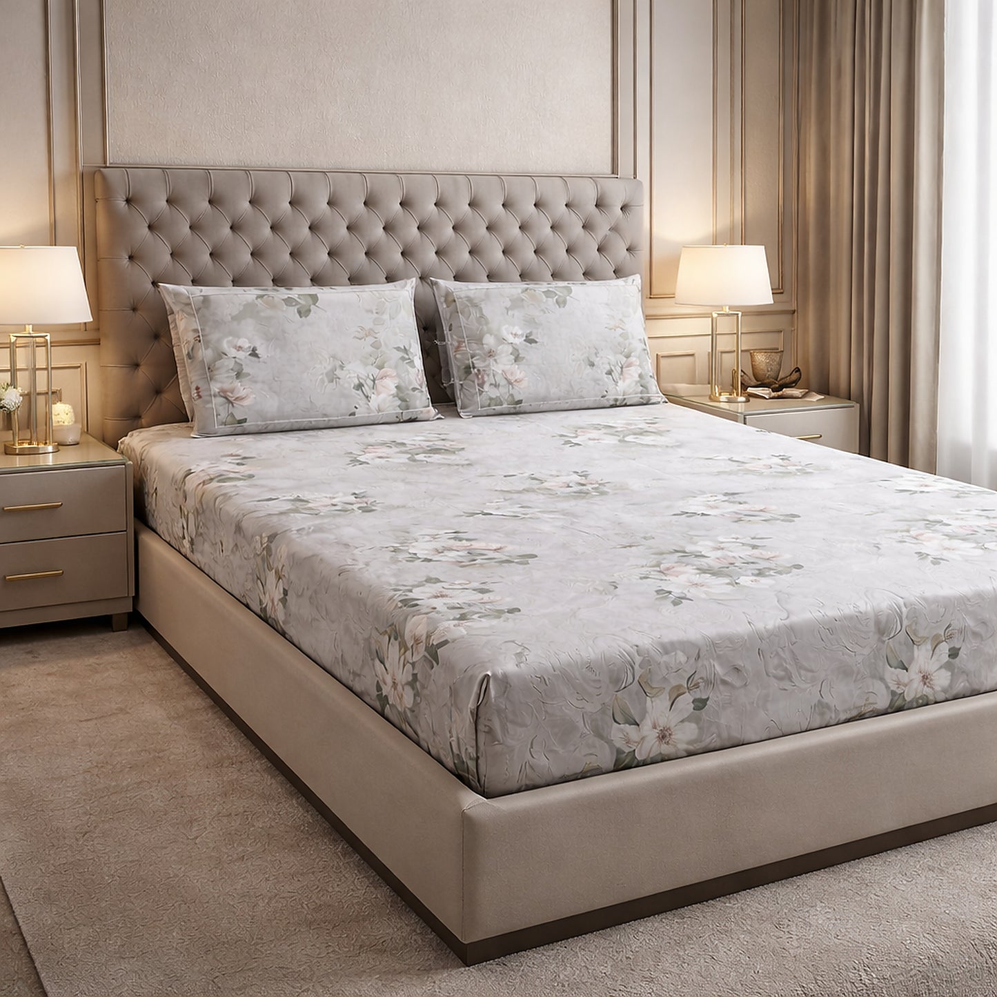 Imported Pure Cotton Satin Floral Grey Printed Bedsheet