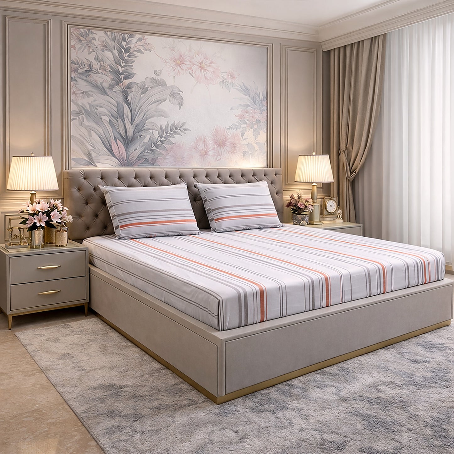 Imported Pure Cotton Grey and Orange Stripe Bedsheet