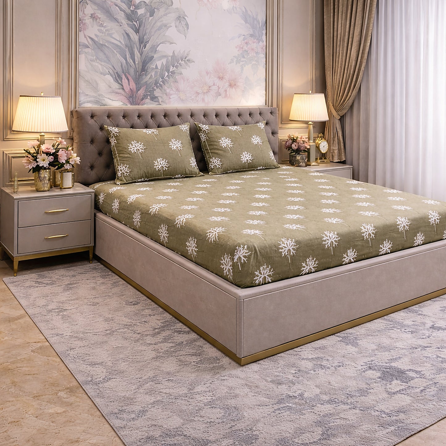 High Quality Green Colour Pure Cotton Printed Bedsheet