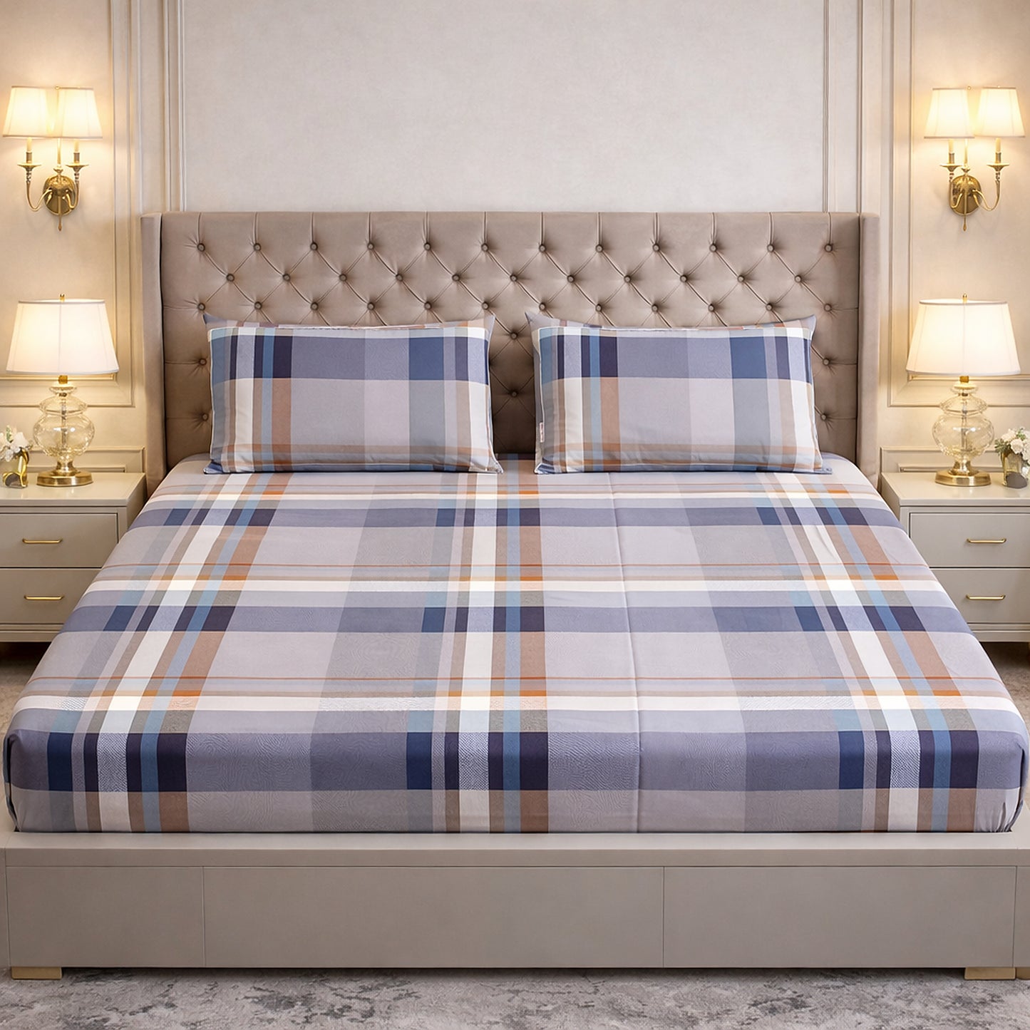 Imported Pure Cotton Check Bedsheet- Blue Colour