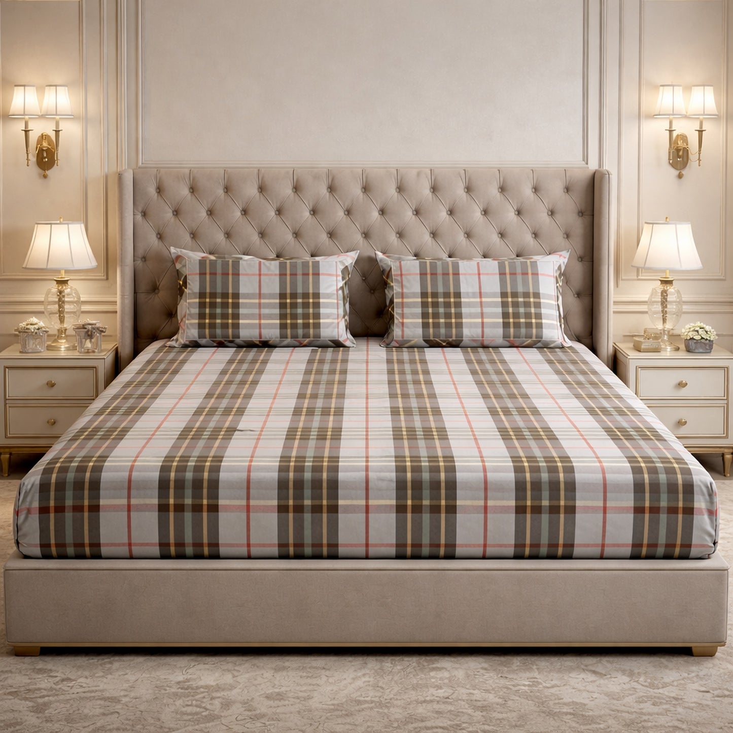 Imported Pure Cotton Burberry Checks Printed Bedsheet- Grey Colour