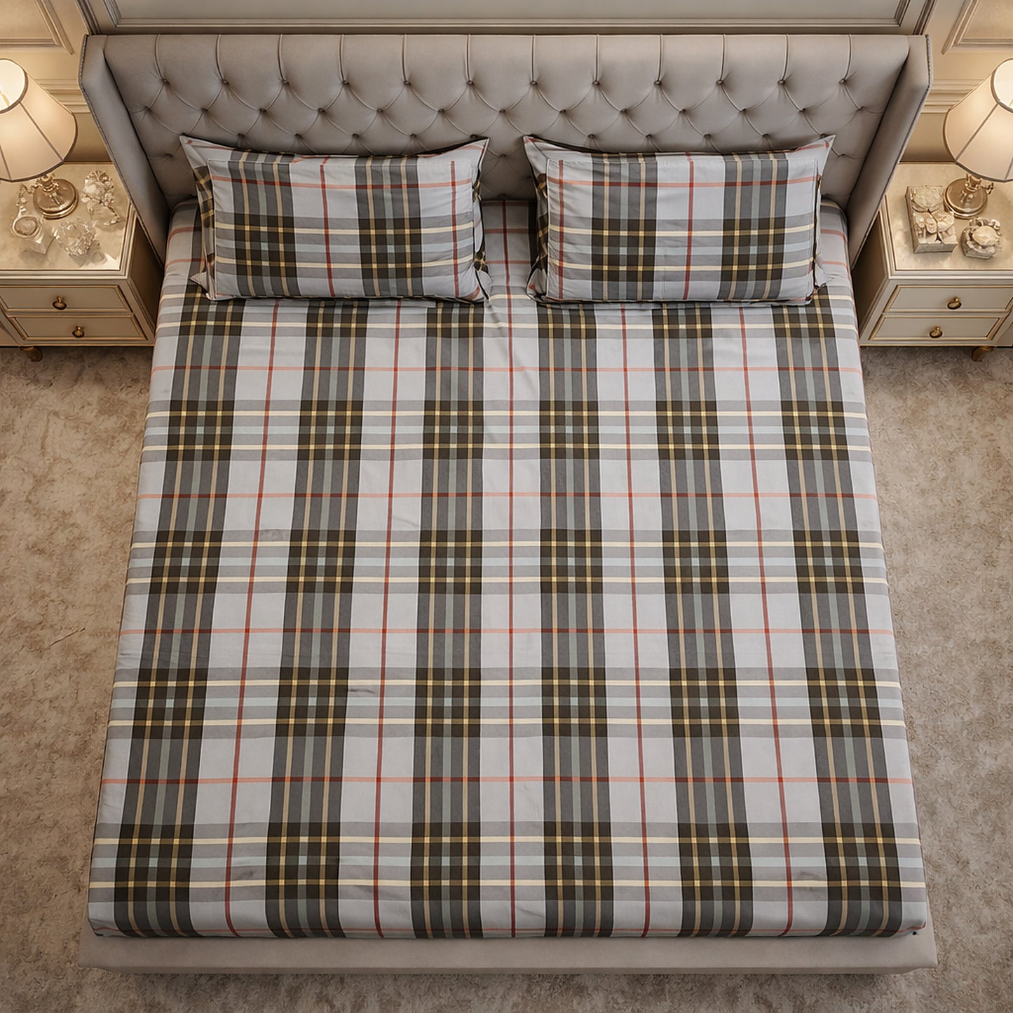 Imported Pure Cotton Burberry Checks Printed Bedsheet- Grey Colour