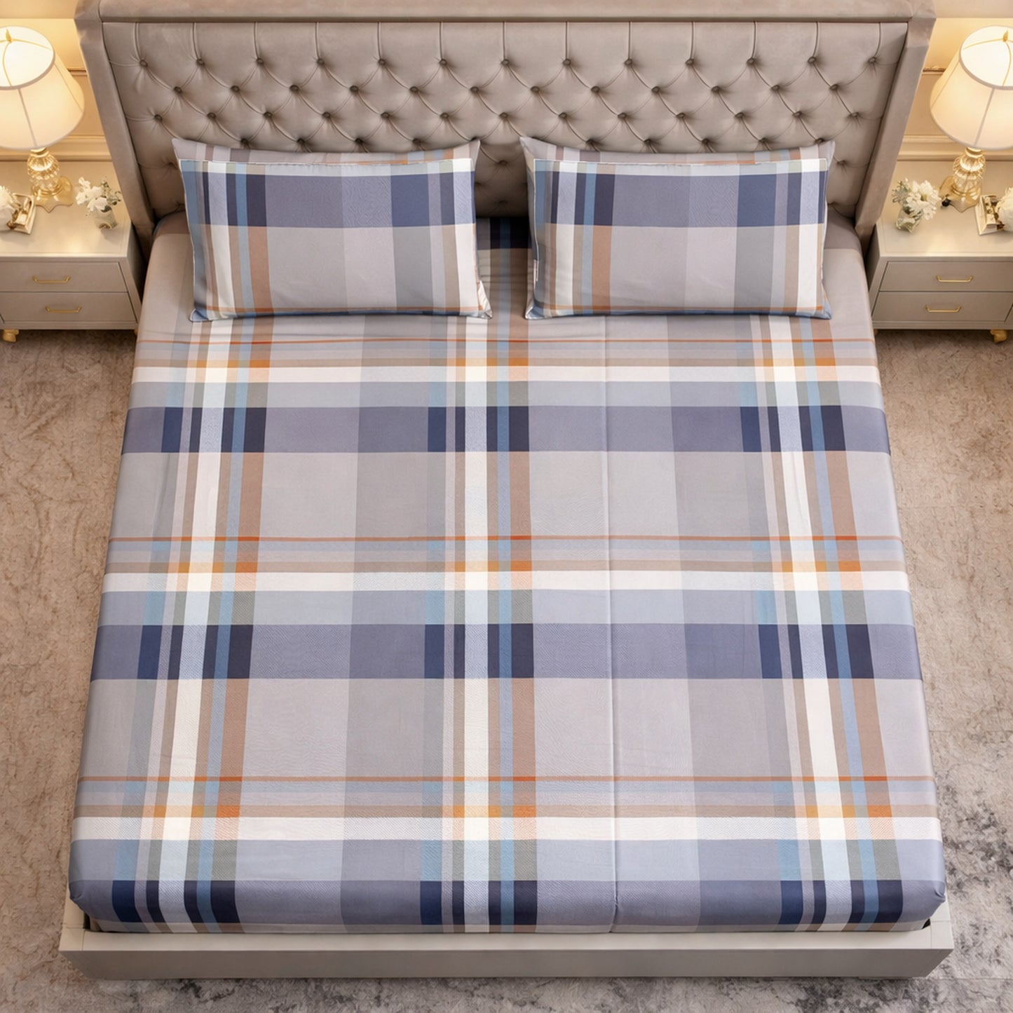 Imported Pure Cotton Check Bedsheet- Blue Colour