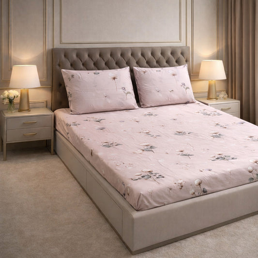 Imported Pure Cotton Satin Floral Pink Bedsheet