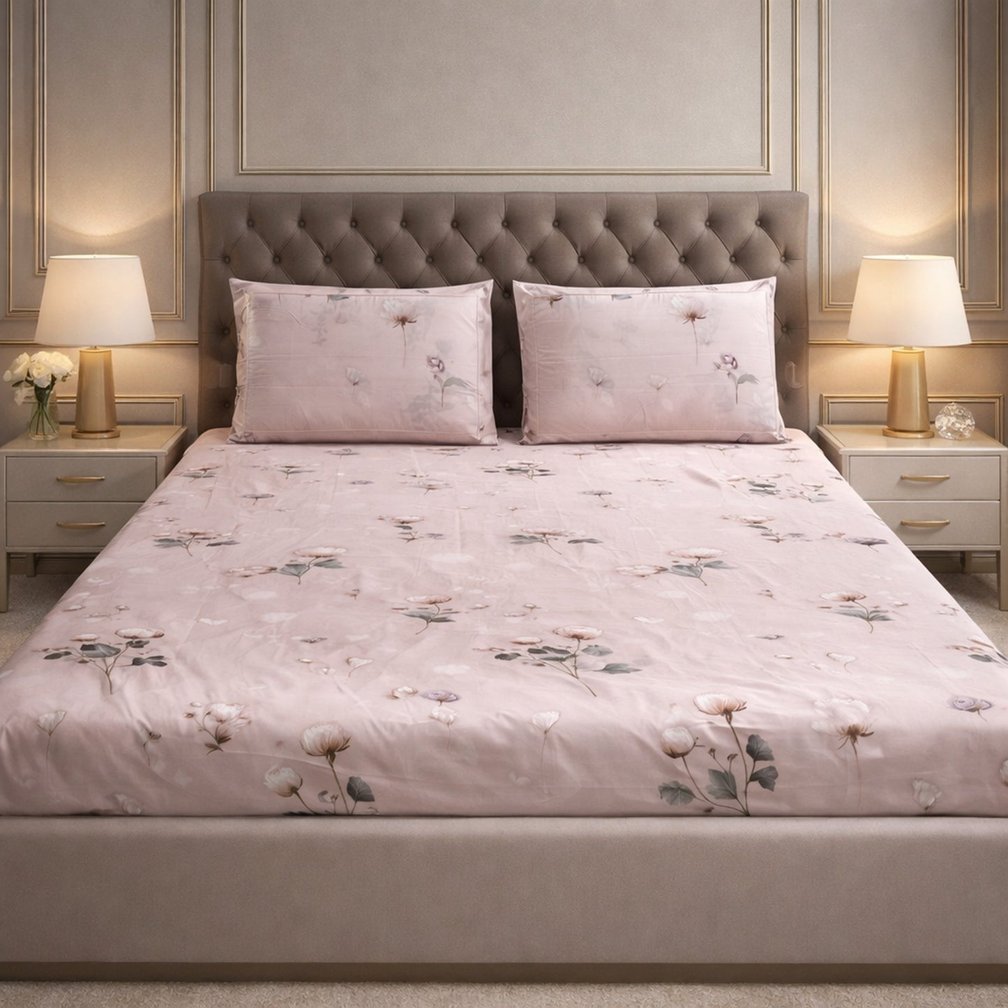 Imported Pure Cotton Satin Floral Pink Bedsheet
