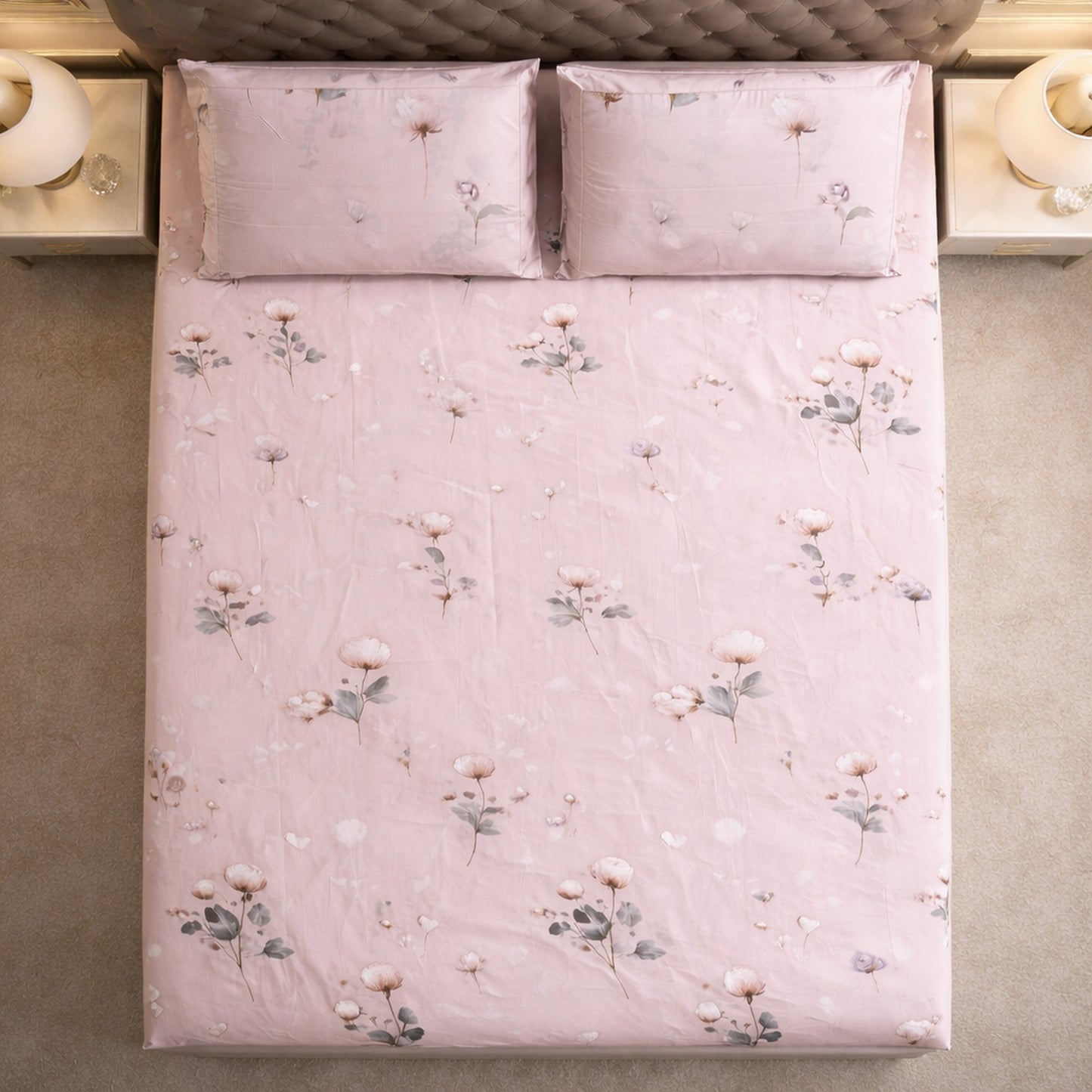 Imported Pure Cotton Satin Floral Pink Bedsheet
