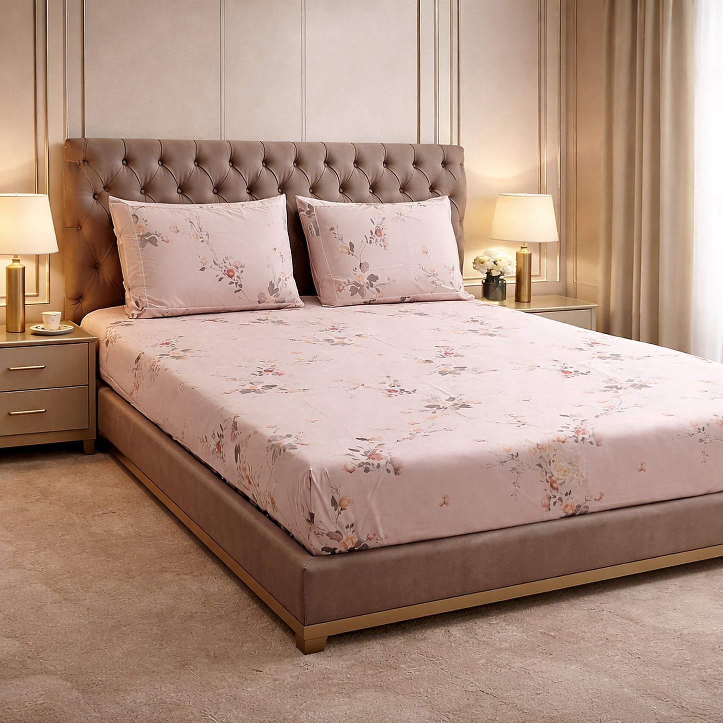 Baby Pink Floral Cotton King Size Bedsheet Set