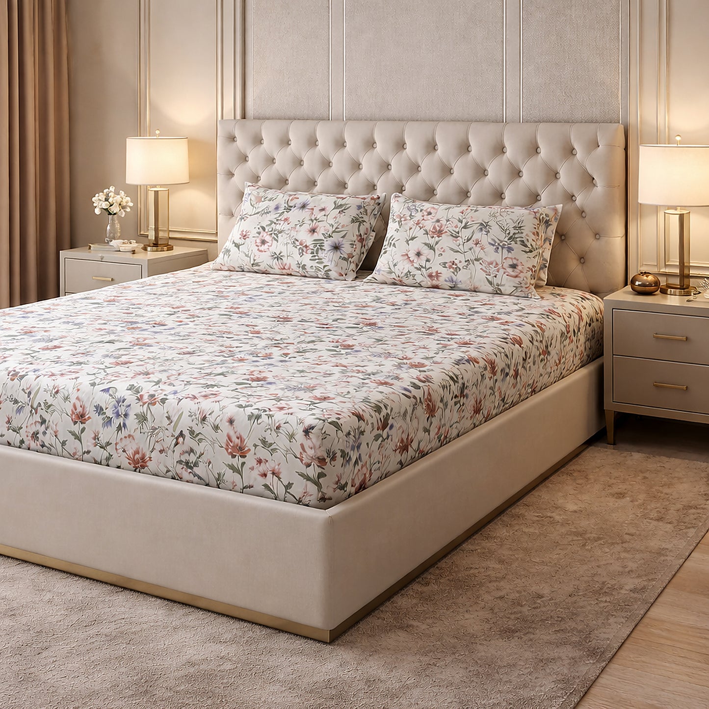 Imported Pure Cotton Satin Floral Cream Colour Printed Bedsheet