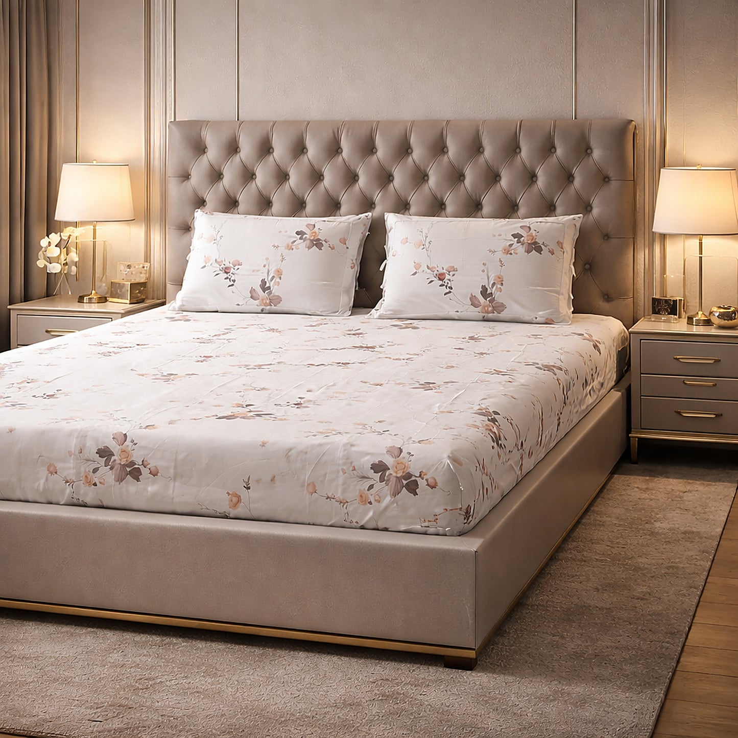 Imported Pure Cotton Satin Floral White Printed Bedsheet