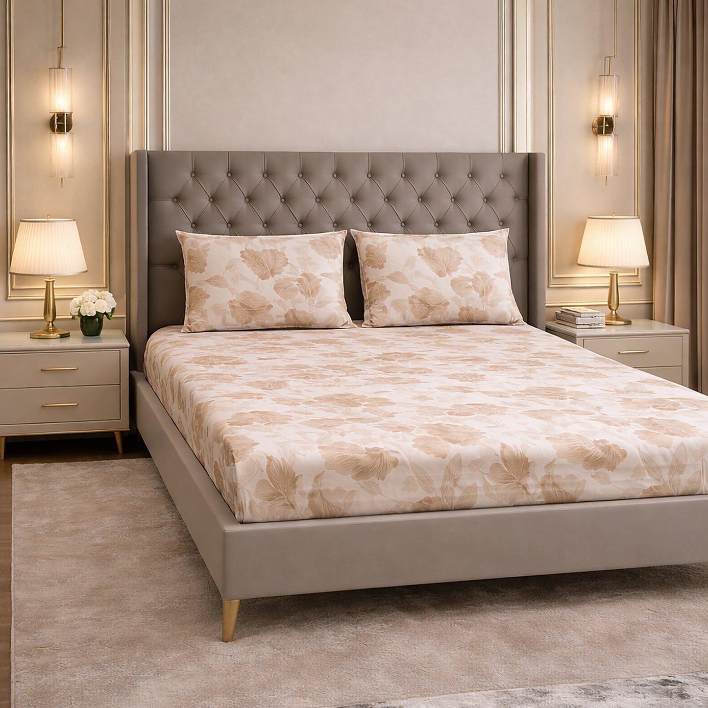 Comfortable Imported Pure Cotton Satin Peach Printed Bedsheet