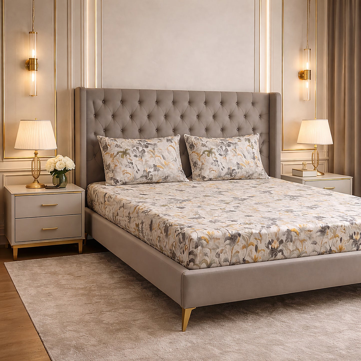 Imported Pure Cotton Satin Floral Grey Printed Bedsheet