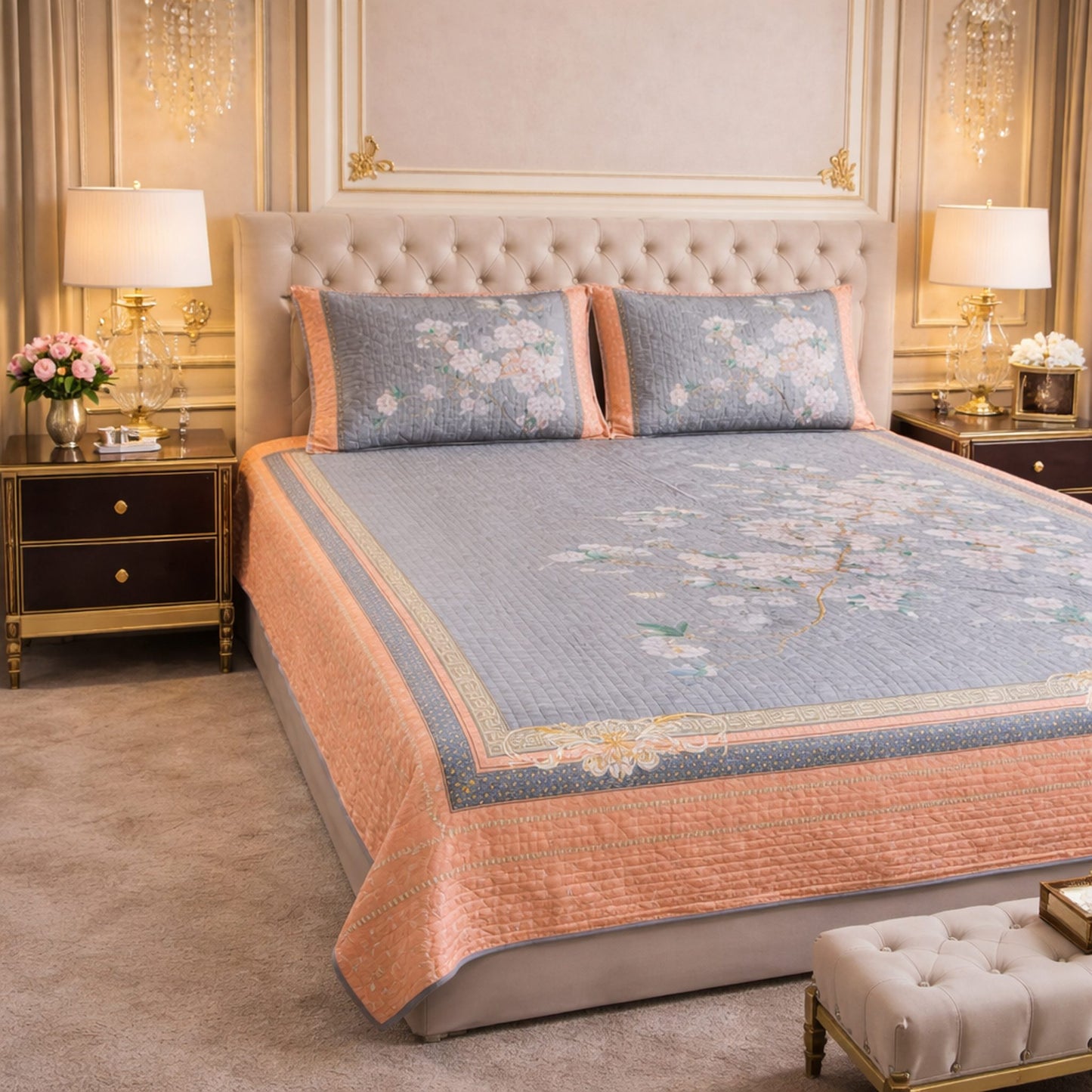 Beautiful Grey & Orange Floral Digital Bedcover