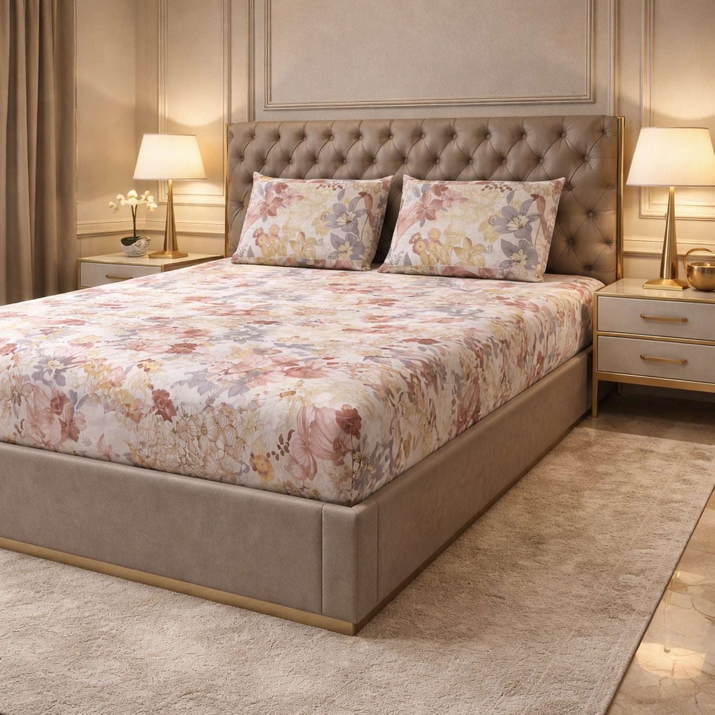 Multi-Color Floral Cotton King Size Bedsheet Set