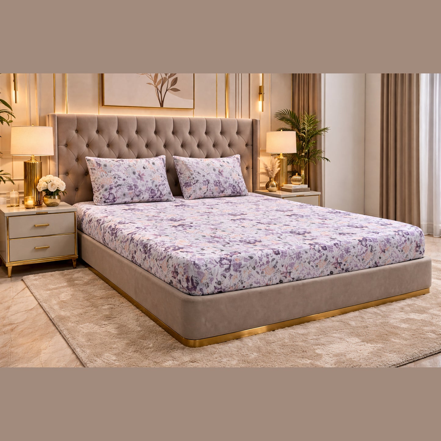 Purple Print Floral Cotton King Size Bedsheet Set