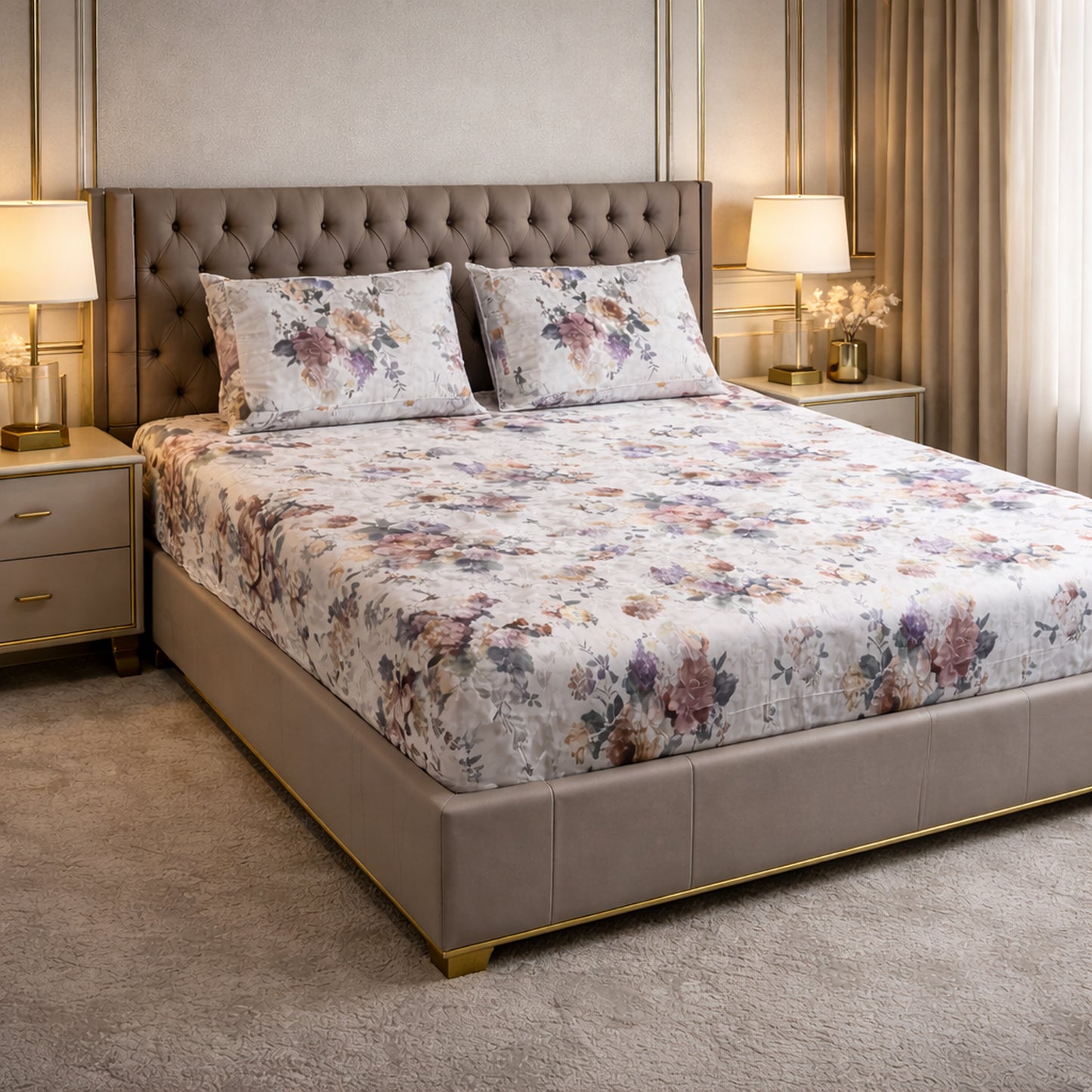 Imported Pure Cotton Satin Floral Multi Colour Printed Bedsheet