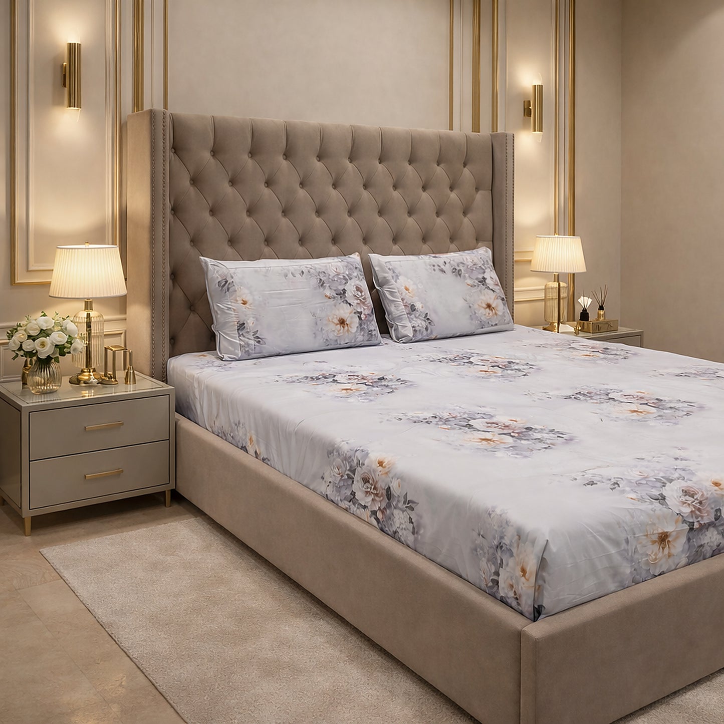 Exclusive Imported Pure Cotton Satin Floral Blue Printed Bedsheet
