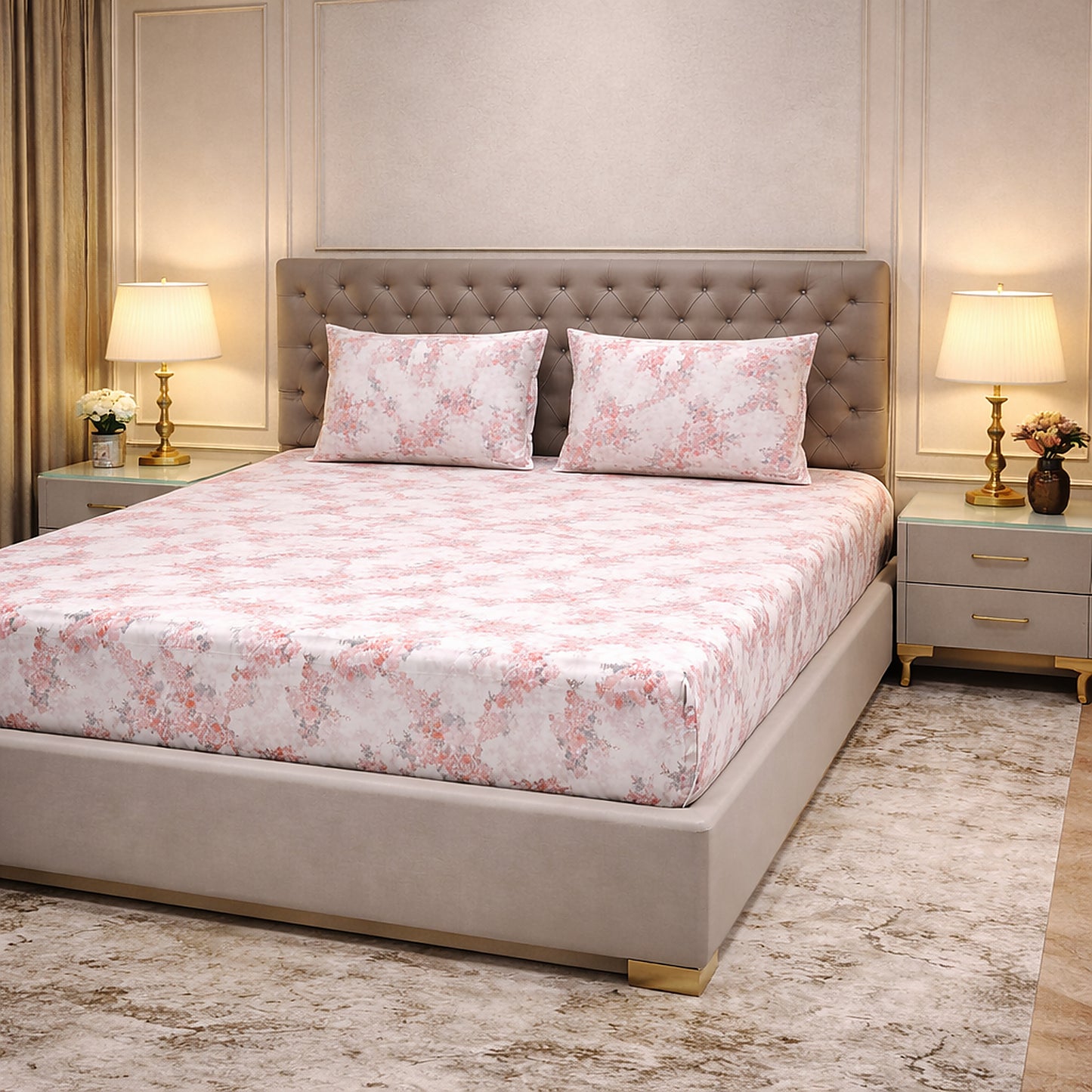 Imported Pure Cotton Satin Floral Pink Printed Bedsheet