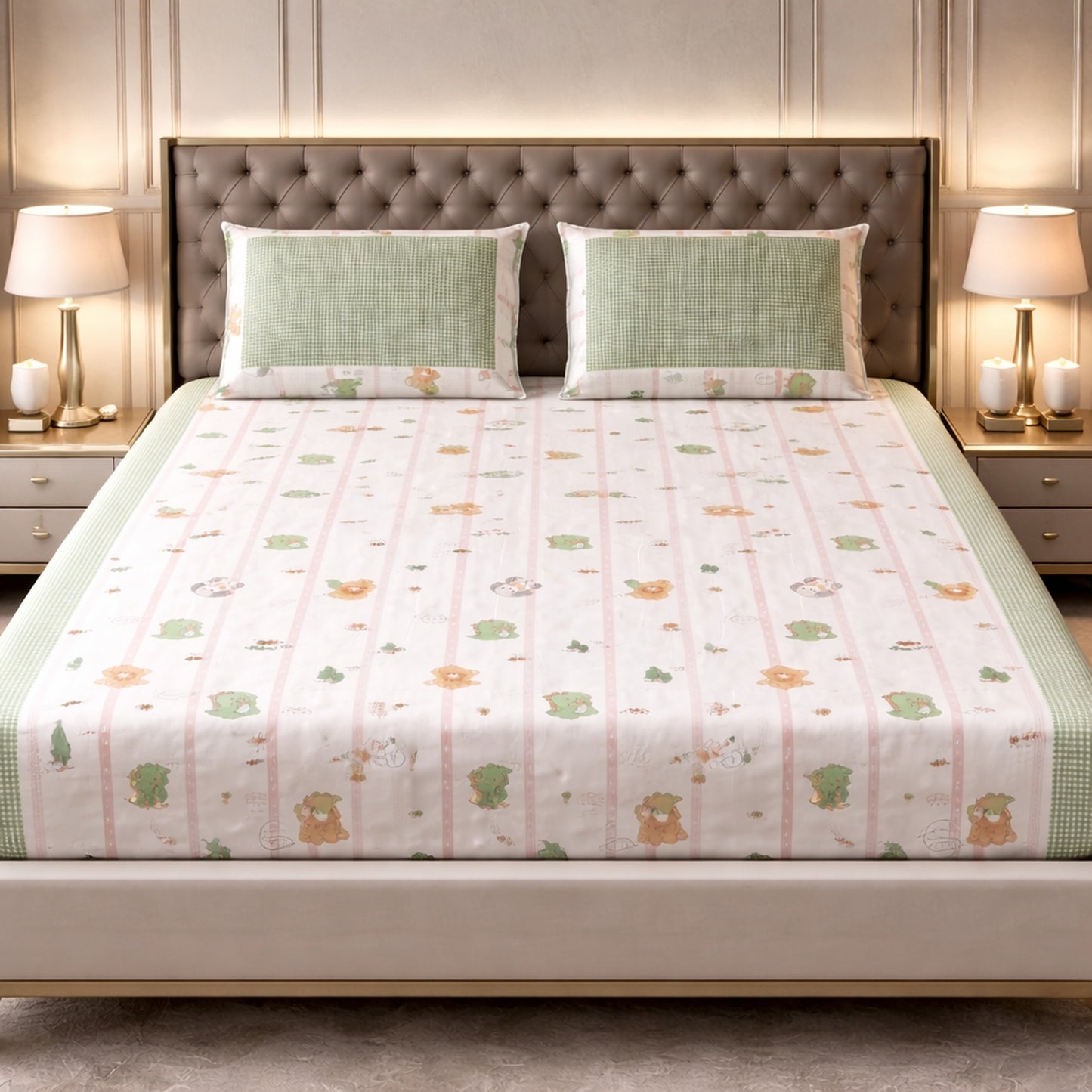 Pure Cotton Green Colour Teddy Bear Print Bedsheet
