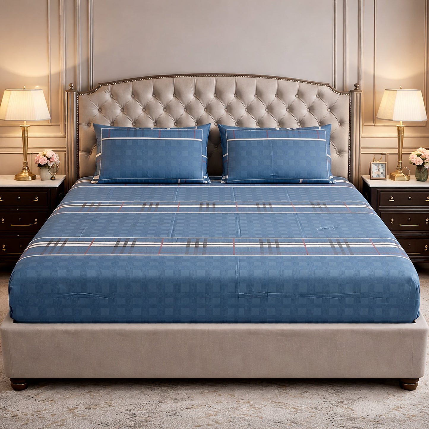 Imported Pure Cotton Blue Colour Burberry Checks Bedsheet