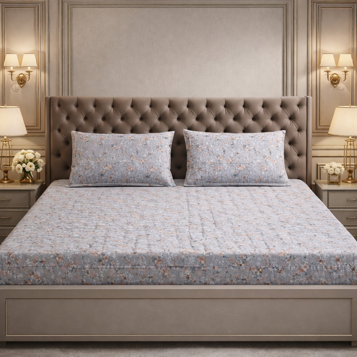 Pure Cotton Floral Printed Grey Bedsheet
