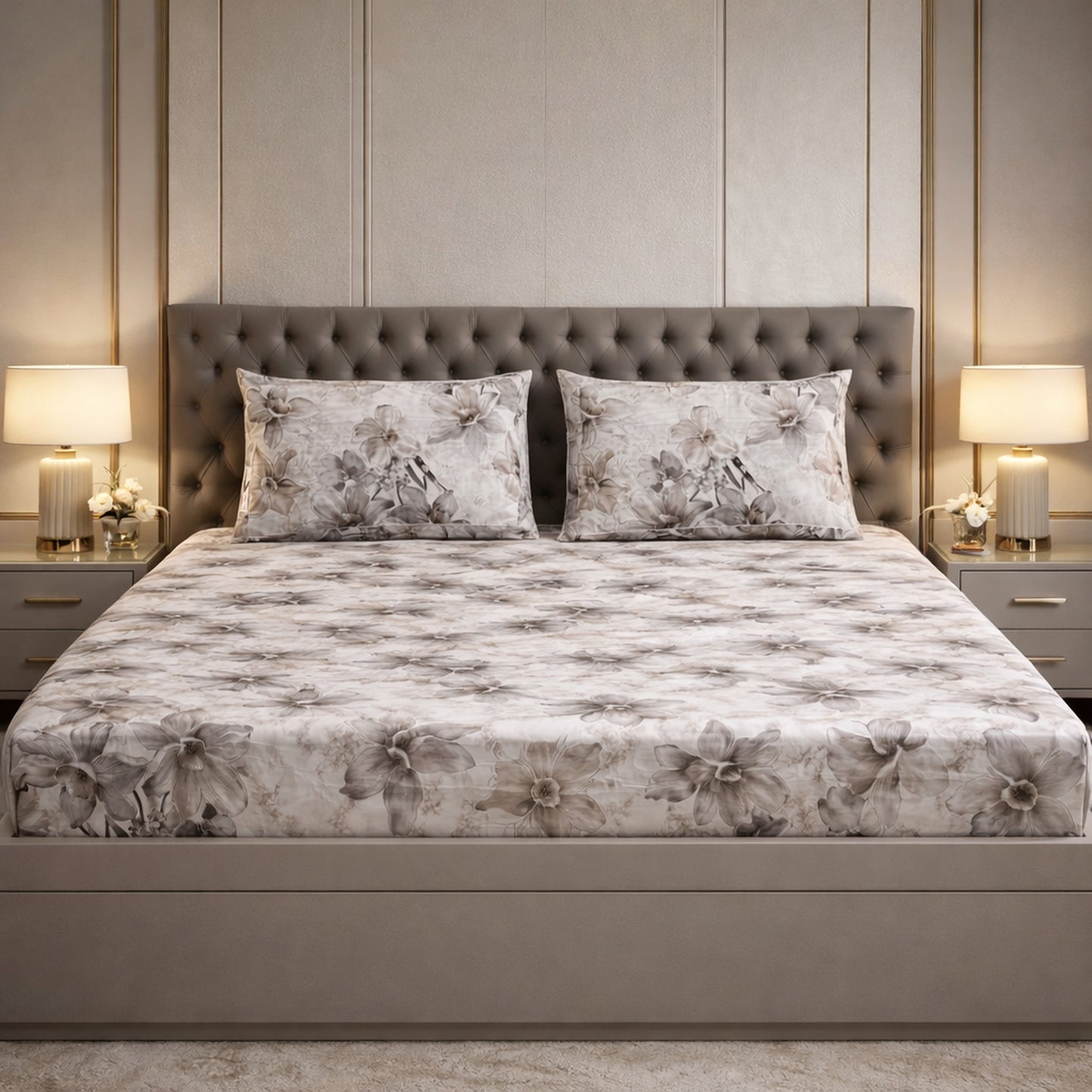 Imported Pure Cotton Satin Floral Grey Printed Bedsheet