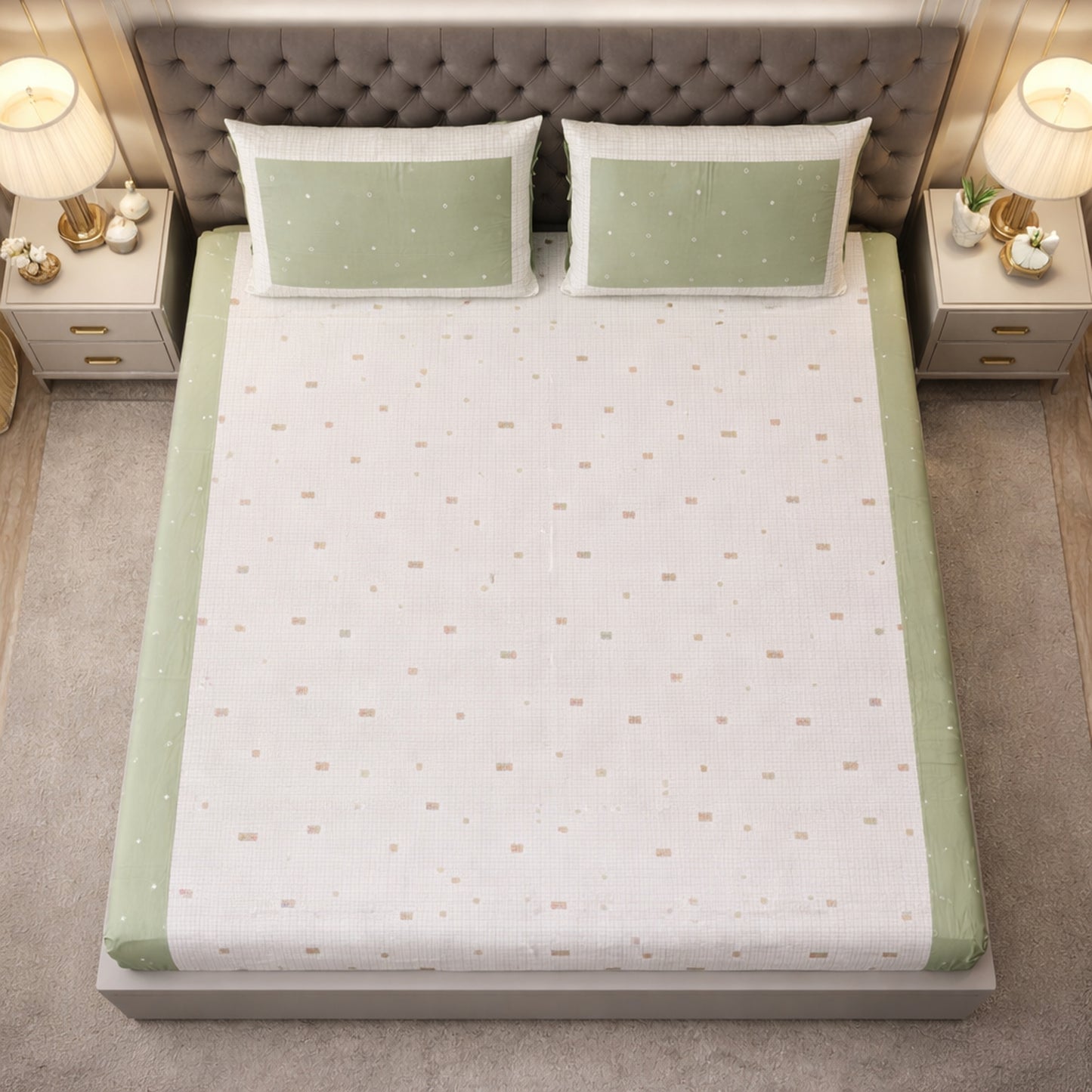 Green Cotton Kid Print King size Bedsheet