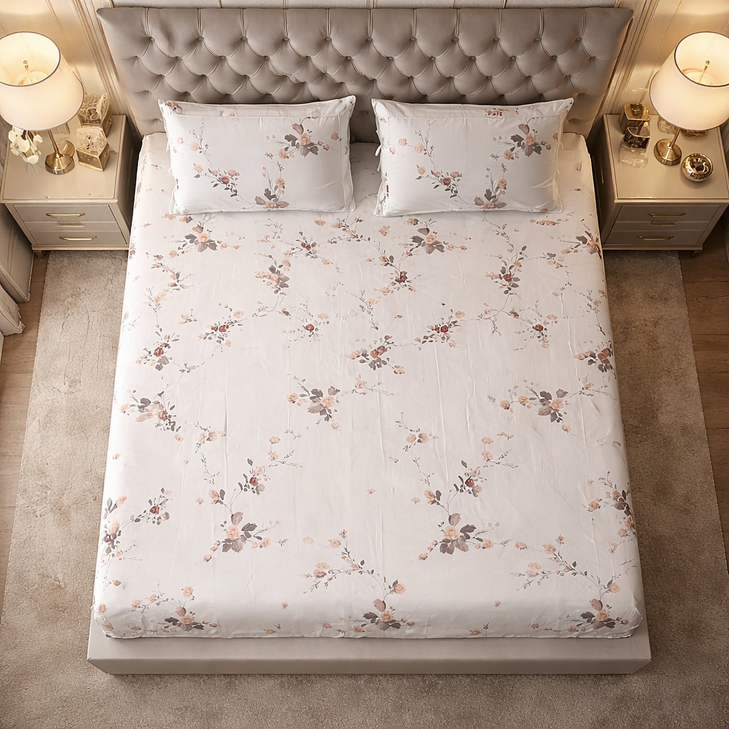 Imported Pure Cotton Satin Floral White Printed Bedsheet