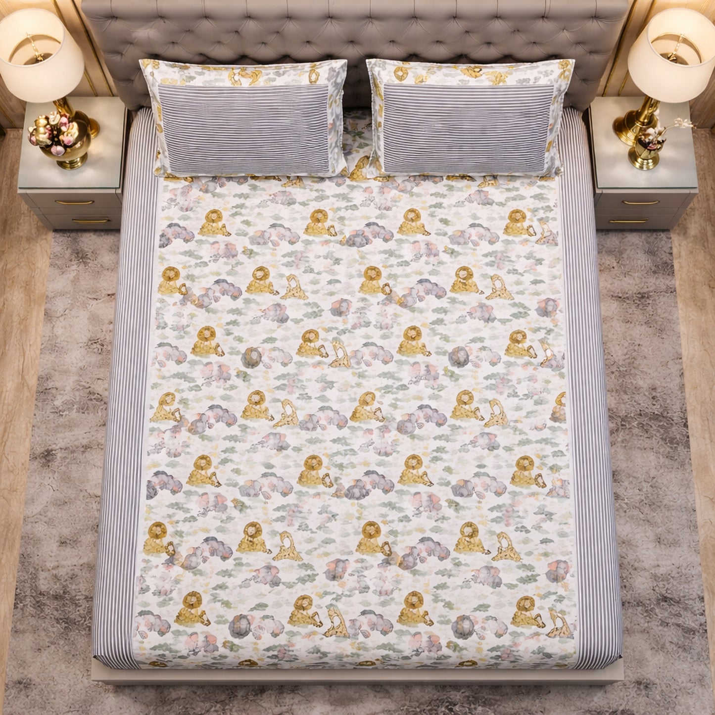 Grey Yellow Imported Lion Print Pure Cotton Bedsheet