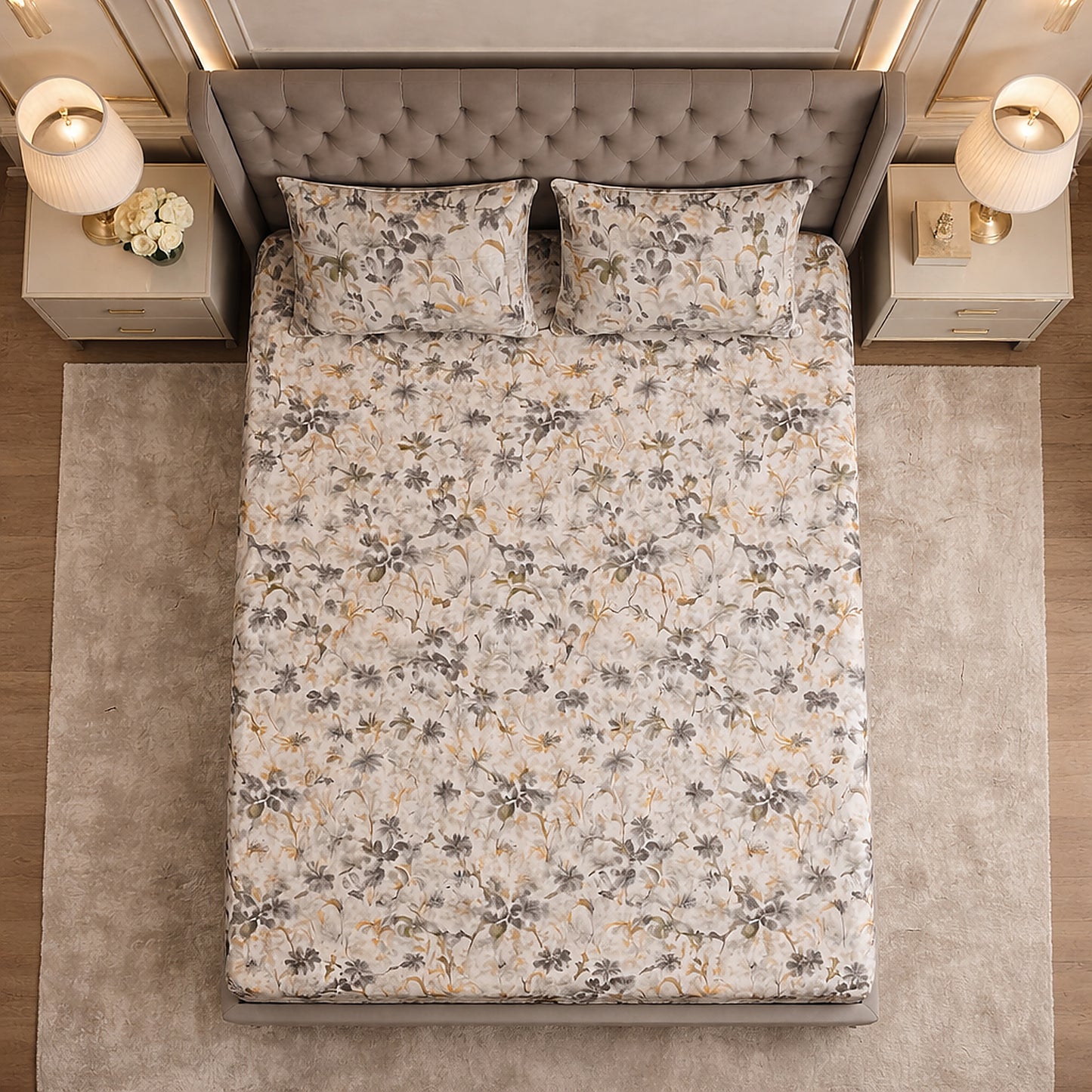 Imported Pure Cotton Satin Floral Grey Printed Bedsheet