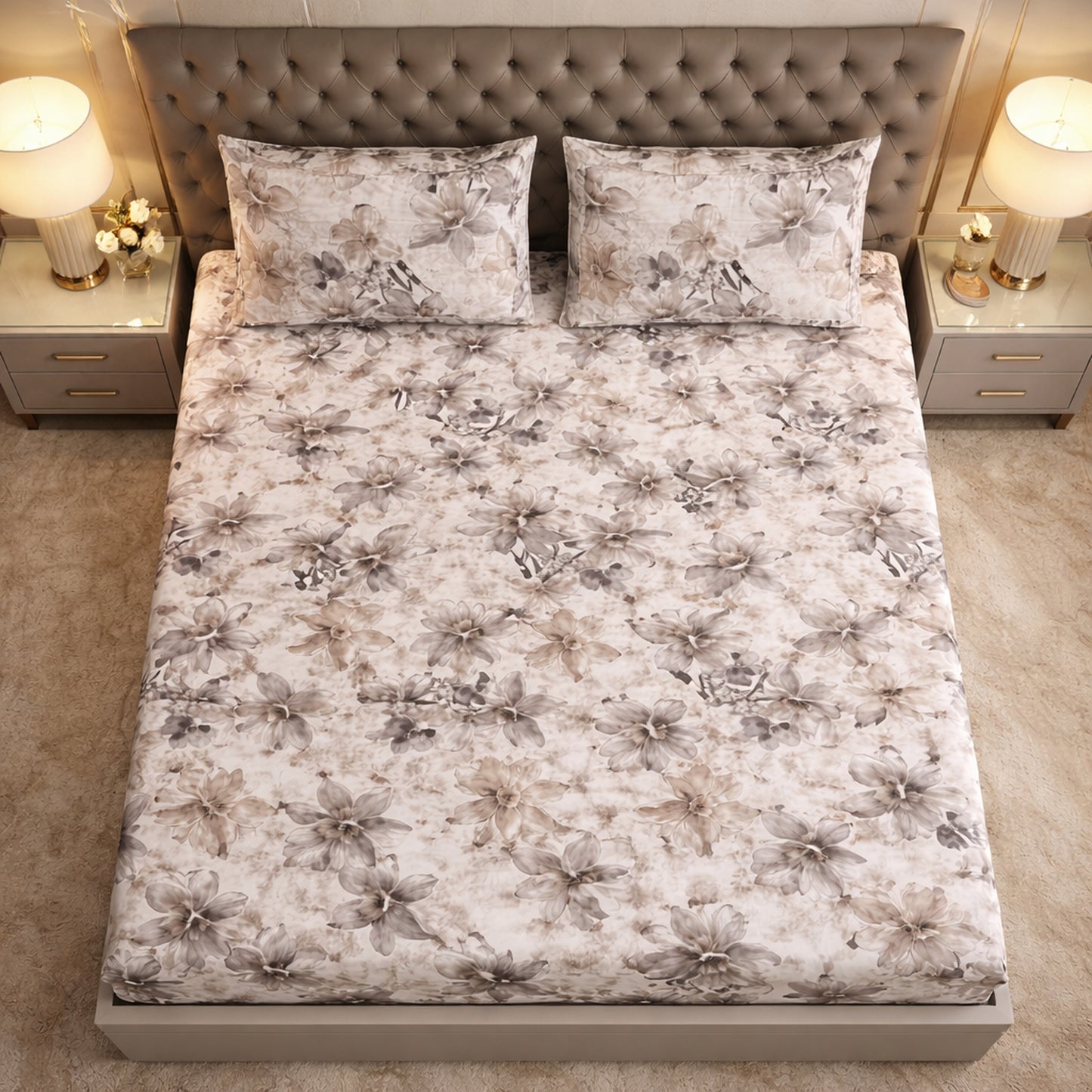Imported Pure Cotton Satin Floral Grey Printed Bedsheet