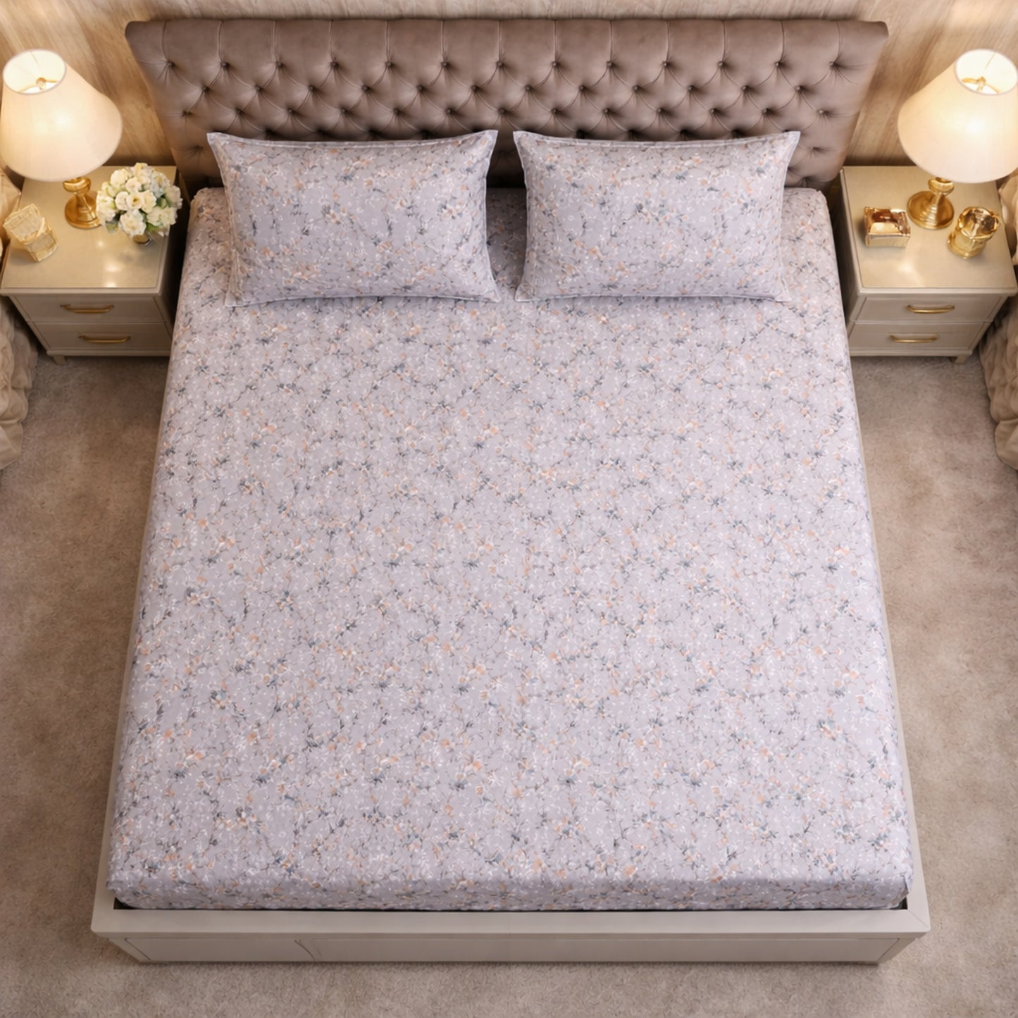 Pure Cotton Floral Printed Grey Bedsheet