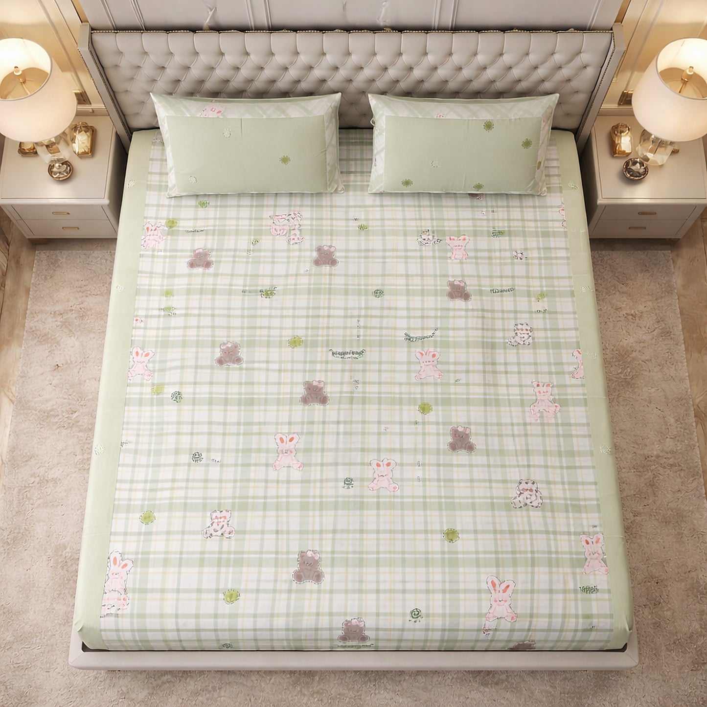 Green Teddy Bear Print Cotton Kids Bedsheet