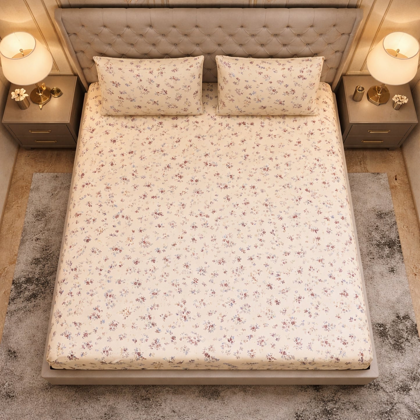 Imported Pure Cotton Satin Floral Light Yellow Printed Bedsheet