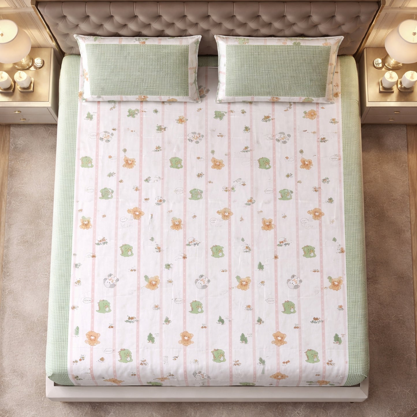 Pure Cotton Green Colour Teddy Bear Print Bedsheet