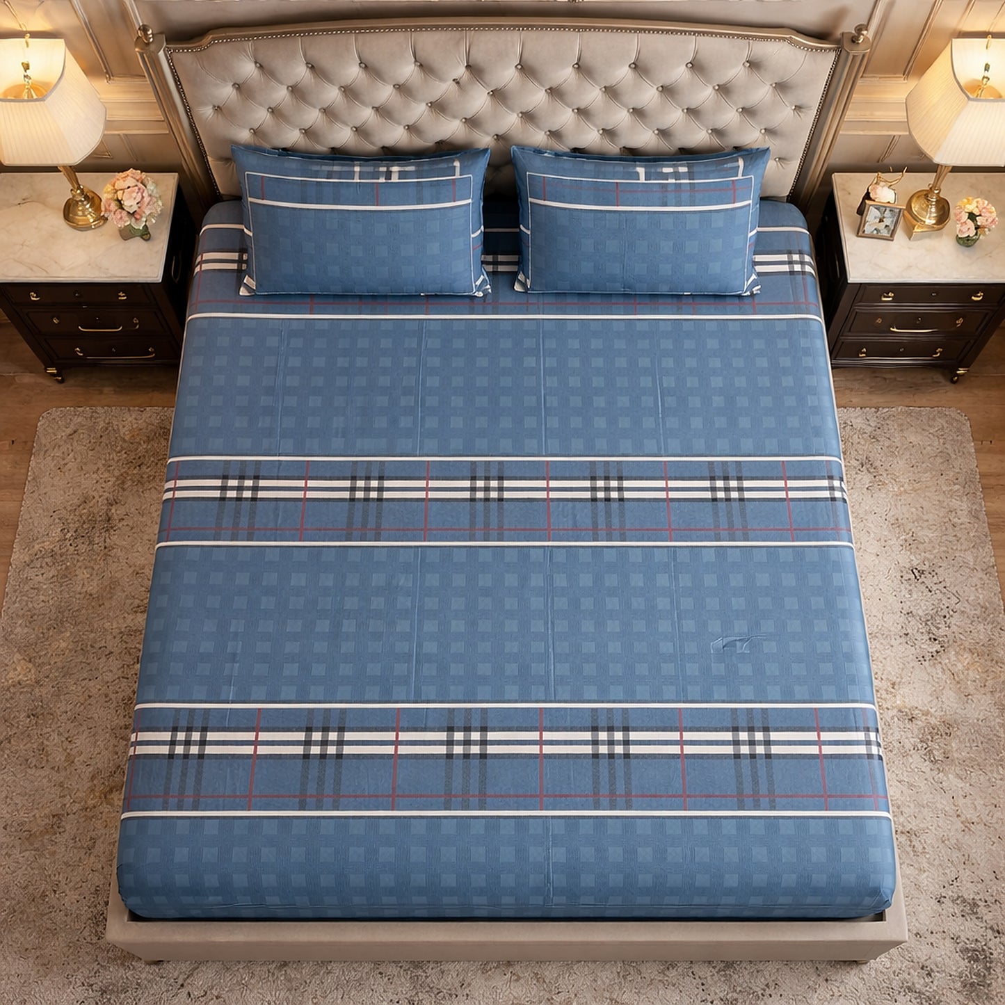 Imported Pure Cotton Blue Colour Burberry Checks Bedsheet