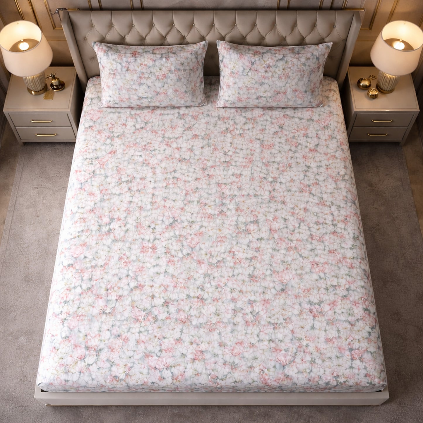 Imported Pure Cotton Satin Floral Baby Pink Bedsheet
