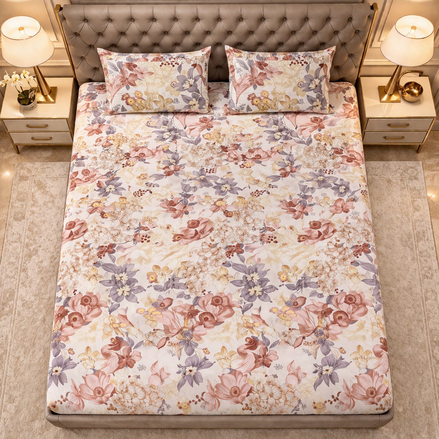 Multi-Color Floral Cotton King Size Bedsheet Set