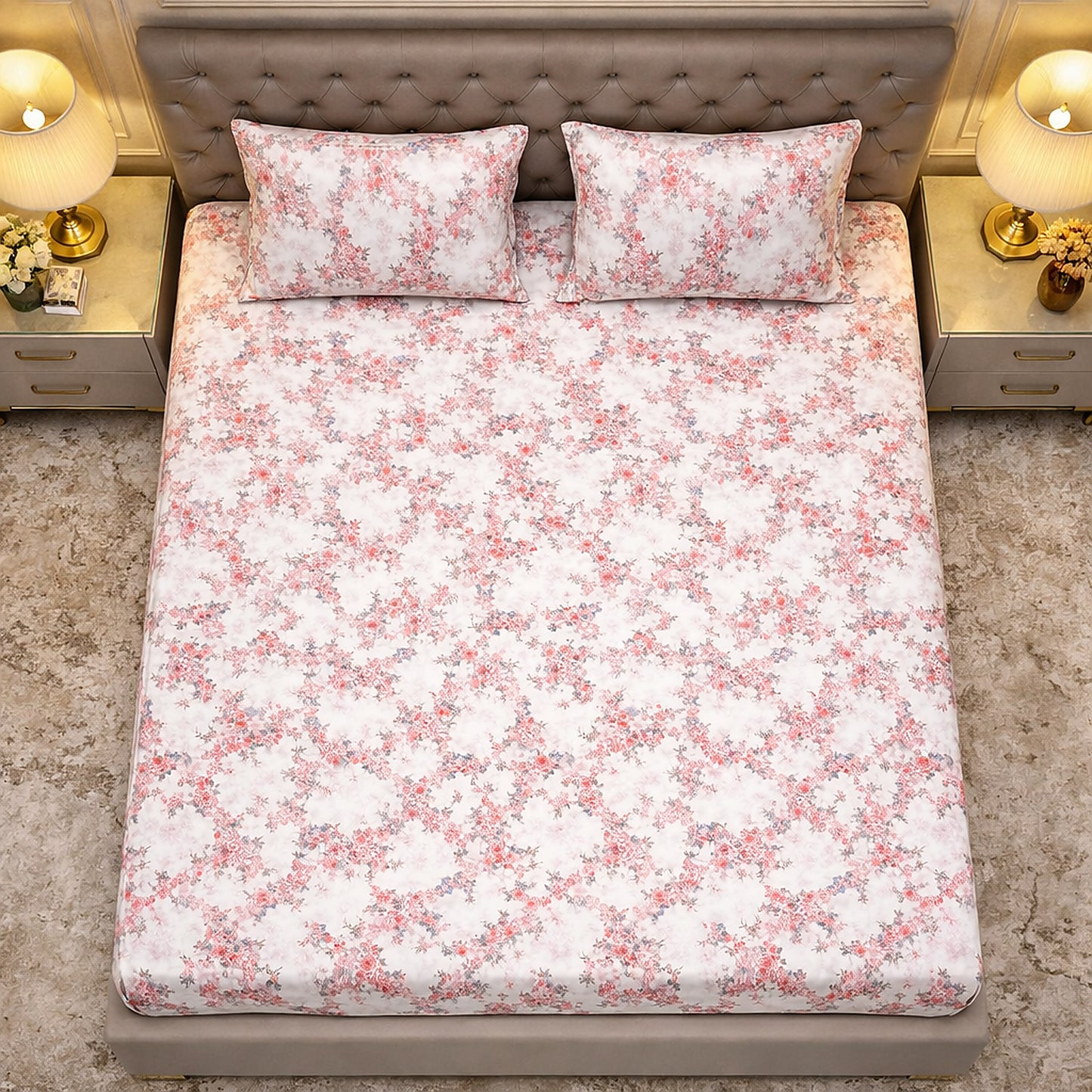 Imported Pure Cotton Satin Floral Pink Printed Bedsheet